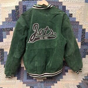 Vintage New York Jets Green Suede Leather Jacket Size XL Spotlight Snap Varsity